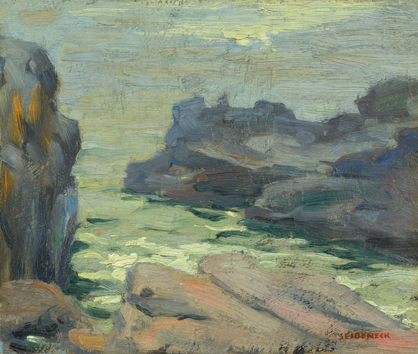 George Joseph Seideneck - "Rocky Cove, Pt. Lobos" - Oil on board - 10 3/4" x 13" - Signed lower right
<br>
<br>~An accomplished artisan and teacher ~
<br>Won recognition as a portraiture, photographer and landscape painter
<br>
<br>As a youth, he had a natural talent for art and excelled in drawing boats on Lake Michigan. Upon graduation from high school, he briefly became an apprentice to a wood engraver. He received his early art training in Chicago at the Smith Art Academy and then worked as a fashion illustrator. He attended night classes at the Chicago Art Institute and the Palette & Chisel Club. 
<br>
<br>In 1911 Seideneck spent three years studying and painting in Europe. When he returned to Chicago he taught composition, life classes and portraiture at the Academy of Fine Art and Academy of Design.
<br>
<br>He made his first visit to the West Coast in 1915 to attend the P.P.I.E. (SF).  Seideneck again came to California in 1918 on a sketching tour renting the temporarily vacant Carmel Highlands home of William Ritschel. While in Carmel he met artist Catherine Comstock, also a Chicago-born Art Institute-trained painter. They married in 1920 and made Carmel their home, establishing studios in the Seven Arts Building and becoming prominent members of the local arts community.