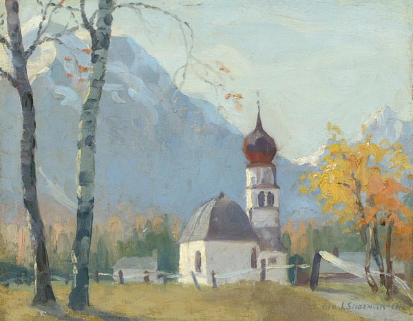George Joseph Seideneck - "Church in the Countryside" - Oil on canvas/board - 10" x 12 3/4" - Signed and dated lower right<br><br>~An accomplished artisan and teacher ~<br>Won recognition as a portraiture, photographer and landscape painter<br><br>As a youth, he had a natural talent for art and excelled in drawing boats on Lake Michigan. Upon graduation from high school, he briefly became an apprentice to a wood engraver. He received his early art training in Chicago at the Smith Art Academy and then worked as a fashion illustrator. He attended night classes at the Chicago Art Institute and the Palette & Chisel Club. <br><br>In 1911 Seideneck spent three years studying and painting in Europe. When he returned to Chicago he taught composition, life classes and portraiture at the Academy of Fine Art and Academy of Design.<br><br>He made his first visit to the West Coast in 1915 to attend the P.P.I.E. (SF).  Seideneck again came to California in 1918 on a sketching tour renting the temporarily vacant Carmel Highlands home of William Ritschel. While in Carmel he met artist Catherine Comstock, also a Chicago-born Art Institute-trained painter. They married in 1920 and made Carmel their home, establishing studios in the Seven Arts Building and becoming prominent members of the local arts community.