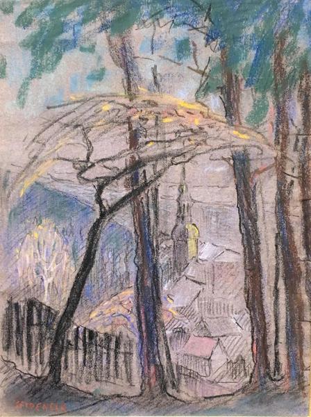 George Joseph Seideneck - "Bad Schandau on the Elbe" -Germany- - Pastel - 11 1/4" x 8 1/2" - Estate signed lower left<br>PROVENANCE: From the estate of:<br>GEORGE J. SEIDENECK<br>Carmel Valley, Dec. 1, 1972<br>Arne Halle – Trustee<br><br>~An accomplished artisan and teacher ~<br>Won recognition as a portraiture, photographer and landscape painter<br><br>As a youth, he had a natural talent for art and excelled in drawing boats on Lake Michigan. Upon graduation from high school, he briefly became an apprentice to a wood engraver. He received his early art training in Chicago at the Smith Art Academy and then worked as a fashion illustrator. He attended night classes at the Chicago Art Institute and the Palette & Chisel Club. <br><br>In 1911 Seideneck spent three years studying and painting in Europe. When he returned to Chicago he taught composition, life classes and portraiture at the Academy of Fine Art and Academy of Design.<br><br>He made his first visit to the West Coast in 1915 to attend the P.P.I.E. (SF).  Seideneck again came to California in 1918 on a sketching tour renting the temporarily vacant Carmel Highlands home of William Ritschel. While in Carmel he met artist Catherine Comstock, also a Chicago-born Art Institute-trained painter. They married in 1920 and made Carmel their home, establishing studios in the Seven Arts Building and becoming prominent members of the local arts community.