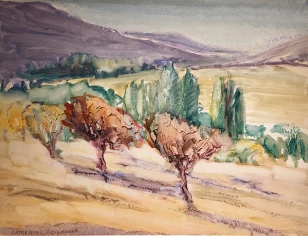 Catherine Comstock Seideneck - "Carmel Valley" - Oil wash on paper/board - 14" x 18 1/4" - Estate signed lower left<br><br>~An accomplished artisan and teacher ~<br>Equally skilled as a painter of oil, watercolor, pastel, and oil wash<br><br>"...She brought back from Europe not only paintings, a<br>mass of sketches, but a distinctive technique of a rare decorative<br>quality, and a fine knowledge of color. Now she has developed a<br>new method of using oil paints in transparent washes on paper and<br>the result must be seen to get any idea of its effectiveness and<br>beauty." <br><br>Source: Robert W. Edwards/ JennieV. Cannon, The Untold History of the Carmel and Berkeley Art Colonies.