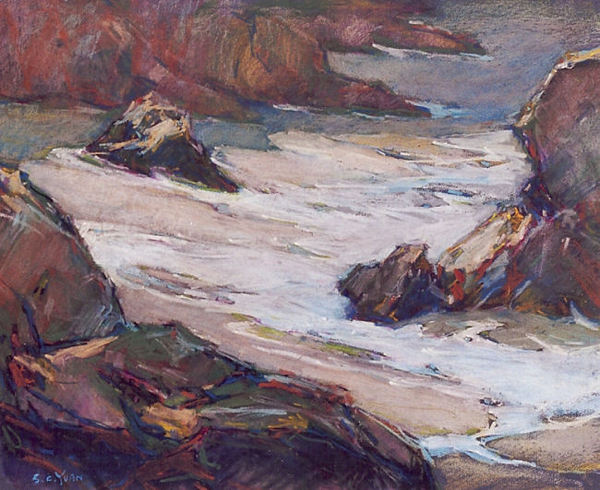 S.C. Yuan - "Seascape - Carmel Coast" - Mixed media on paper - 19 3/4" x 24"