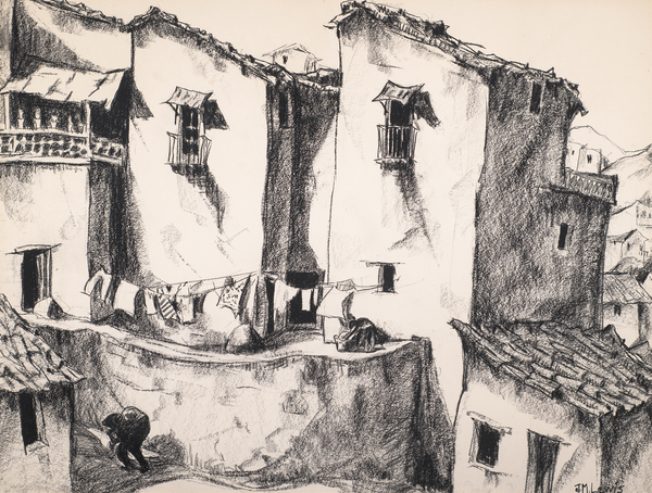 Jeannette Maxfield Lewis - "Hillside Village" - Mexico - Charcoal - 19" x 26"