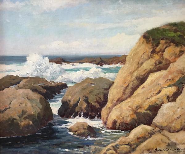 Arthur Hill Gilbert, A.N.A. - "Marine" - Carmel Highlands - Oil on canvas - 25" x 30" - Signed lower right: Arthur Hill Gilbert, A.N.A.<br>Titled, signed and dated on reverse canvas<br><br>Arthur Hill Gilbert established a lasting reputation as an able interpreter of California’s rolling, oak-studded hills, and its rugged coastline.<br><br>Arriving in California to study at the Otis Art Institute in Los Angeles about 1920, he would first earn recognition exhibiting through the Stendahl Galleries and the Laguna Beach Art Association. <br><br>He moved north to Monterey in 1928 and became an active member of the newly formed Carmel Art Association. He was soon to win major national awards and was one of the very few California impressionists to be elected into the prestigious National Academy of Design receiving  an associate membership in 1930. <br><br>Gilbert continued exhibiting statewide and nationally, while playing a formative role in the art community of the Monterey Peninsula. As a member of the prestigious “Big Four”, Gilbert exhibited often with fellow resident academicians: Armin Hansen, William Ritschel, and Paul Dougherty.