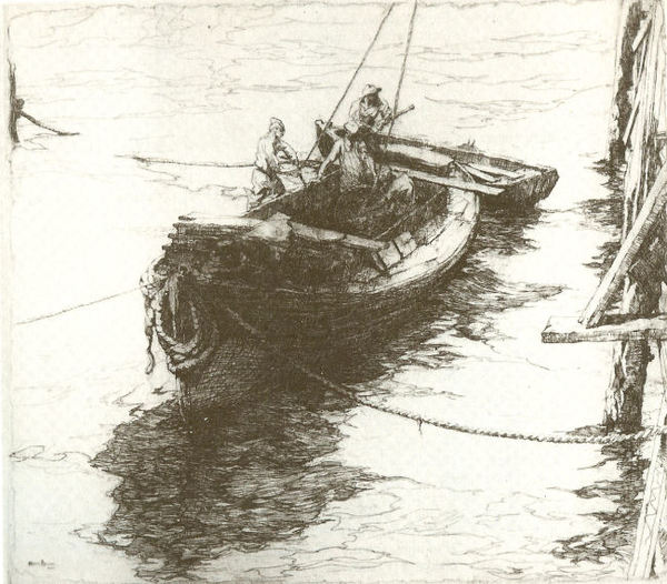 Armin C. Hansen, N.A. - "Sardine Barge" - Etching - 12 7/8" x 14 5/8" - Plate: Signed & dated, lower left: Armin Hansen '22. Titled in pencil lower left; signed in pancil lower right. <br><br>In: 'The Graphic Art of Armin C. Hansen-A Catalogue Raisonne by Anthony R. White/1986; plate #43, pages 54, 55.<br><br>Exhibited: LA International, 1923, #312, awarded Los Angeles Gold Medal, offered by the Los Angeles Chamber of Commerce for best print in exhibit.<br><br><br>THIS IS HANSEN'S SIGNATURE ETCHING - HIS GOLD MEDAL WINNER AND ICONIC COMPOSITION.
