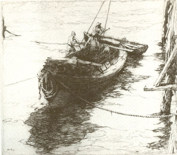 Armin C. Hansen, N.A. - "Sardine Barge" - Etching - 12 7/8" x 14 5/8" - Plate: Signed & dated, lower left: Armin Hansen '22. Titled in pencil lower left; signed in pancil lower right. 
<br>
<br>In: 'The Graphic Art of Armin C. Hansen-A Catalogue Raisonne by Anthony R. White/1986; plate #43, pages 54, 55.
<br>
<br>Exhibited: LA International, 1923, #312, awarded Los Angeles Gold Medal, offered by the Los Angeles Chamber of Commerce for best print in exhibit.
<br>
<br>
<br>THIS IS HANSEN'S SIGNATURE ETCHING - HIS GOLD MEDAL WINNER AND ICONIC COMPOSITION.