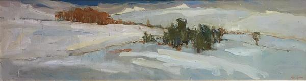 S.C. Yuan - "Conway Summit #2" - Oil on board - 10" x 36 1/2" - Signed lower right<br><br>Exhibited: Carmel Art Association/1994 -<br>a retrospective exhibition;<br>illustrated in accompanying book - plate #1, page 75.<br><br>Yuan settled on the Monterey Peninsula in 1952 where he met, befriended and was influenced by artist Armin Hansen. <br><br>During his lifetime he was honored with several one-man shows in San Francisco, Boston, and New York, where he showed his traditional as well as his more abstract works. Whenever he entered his paintings in juried shows, he won prizes and top honors.  With profound dedication and discipline he created a legacy of paintings rich in beauty and tranquility.