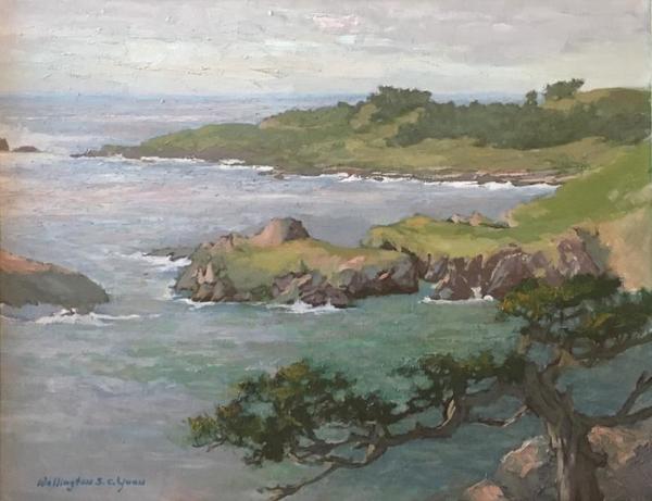 S.C. Yuan - "Point Lobos from Highlands Inn" - Oil on canvas - 22" x 28" - Signed lower left: Wellington S.C. Yuan<br><br>After the war, Yuan returned to eastern China and by 1947 was living in Shanghai. Long a city of foreign concessions, Shanghai had a very western and cosmopolitan air. Here, as was often the custom, Yuan adopted an English name. He chose the name Wellington because he greatly admired the Chinese diplomat, Wellington Koo, who was Ambassador to the United States at the time.<br><br>Provenance: <br>Directly from the estate of Robert James Ramsey, Sr.<br>"Yuan painted this painting from the driveway of the Highlands Inn, when he worked there as a cook. Yuan gave this painting to Robert James Ramsey, Sr., who at that time owned the Inn".<br><br>Exhibition label on reverse: CAA/1994 retrospective. Illustrated in accompanying book, page 188, plate 65.<br><br>Yuan settled on the Monterey Peninsula in 1952 where he met, befriended and was influenced by artist Armin Hansen. <br><br>During his lifetime he was honored with several one-man shows in San Francisco, Boston, and New York, where he showed his traditional as well as his more abstract works. Whenever he entered his paintings in juried shows, he won prizes and top honors.  With profound dedication and discipline he created a legacy of paintings rich in beauty and tranquility.