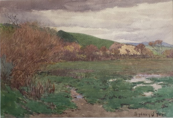 Sydney Yard - "Marshland near Monterey" - Watercolor - 10" x 14 1/2" - Signed lower right<br><br>“A painter of California, one of the very few native-born, we have in Sydney Yard, who, from an early meticulous manner, developed a broader and decorative delineation of the northern California landscape. His medium was watercolor, and his sincerely studied and finely patterned small canvases are distributed through many California homes. His work is charming without being weak.” (The History & Ideals of American Art by Eugen Neuhaus, 1931).<br><br>A pioneer Carmel artist, Sydney Yard established one of the first studios on Lincoln and Seventh Streets.<br><br>Born 1855 in Rockford, Illinois, Yard began his art studies under George J. Robertson. He later studied in the British Isles where he mastered English watercolor techniques under the instruction of Royal Academician Sutton Palmer.<br><br>In 1882, after achieving some recognition in New York, Yard moved to California. For the first three years he ran several photography studios in San Jose and Palo Alto with artist friend Andrew Putnam Hill. During this time, he exhibited several paintings at the San Francisco Art Association.<br><br>Yard settled permanently in Carmel in 1906. He exhibited frequently at The Del Monte Gallery as well as at several galleries in the San Francisco Bay Area until his death in 1909. Best known for his watercolors, his works are primarily landscapes and coastal scenes of the Monterey Peninsula.