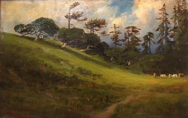 James Everett Stuart - "Wind Swept, Live Oaks and Redwoods, - Oil on canvas - 14" x 22" - "Wind Swept, Live Oaks and Redwoods, near Aptos, California"
<br>Signed and dated March 19, 1892 lower left
<br>Titled, signed and dated on reverse
<br>Frame:  Holton Studio Frame-Makers, Berkeley, California
<br>
<br>
<br>Known for his panoramic landscapes from Maine to California to Alaska to the Panama Canal, but especially of the American West with focus on Northern California and Oregon. 
<br>
<br>His family moved to San Francisco when he was eight where eventually he studied art with Virgil Williams, Raymond Yelland, Thomas Hill, and William Keith at the San Francisco School of Design. 
<br>
<br>Stuart was highly successful and popular among his peers, underscored by his membership in the Bohemian Club. Many of the owners of old homes in California have his paintings on the wall, suggestive of a time of grandeur. One of his paintings is in the White House, and his work is in the historical societies of Oregon, Washington, and Montana.