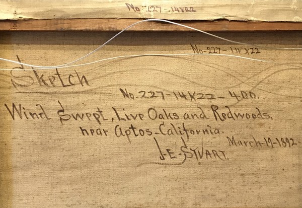 James Everett Stuart - "Wind Swept, Live Oaks and Redwoods, James Everett Stuart - "Wind Swept, Live Oaks and Redwoods, - Oil on canvas - 14" x 22" - "Wind Swept, Live Oaks and Redwoods, near Aptos, California"
<br>Signed and dated March 19, 1892 lower left
<br>Titled, signed and dated on reverse
<br>Frame: Holton Studio Frame-Makers, Berkeley, California
<br>
<br>
<br>Known for his panoramic landscapes from Maine to California to Alaska to the Panama Canal, but especially of the American West with focus on Northern California and Oregon.
<br>
<br>His family moved to San Francisco when he was eight where eventually he studied art with Virgil Williams, Raymond Yelland, Thomas Hill, and William Keith at the San Francisco School of Design.
<br>
<br>Stuart was highly successful and popular among his peers, underscored by his membership in the Bohemian Club. Many of the owners of old homes in California have his paintings on the wall, suggestive of a time of grandeur. One of his paintings is in the White House, and his work is in the historical societies of Oregon, Washington, and Montana.