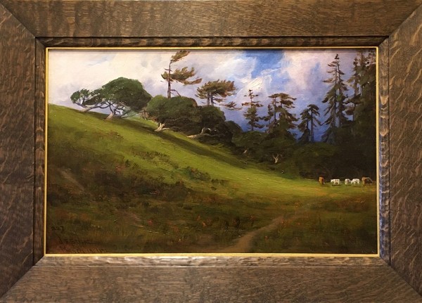 James Everett Stuart - "Wind Swept, Live Oaks and Redwoods, - Oil on canvas - 14" x 22" - "Wind Swept, Live Oaks and Redwoods, near Aptos, California"<br>Signed and dated March 19, 1892 lower left<br>Titled, signed and dated on reverse<br>Frame:  Holton Studio Frame-Makers, Berkeley, California<br><br><br>Known for his panoramic landscapes from Maine to California to Alaska to the Panama Canal, but especially of the American West with focus on Northern California and Oregon. <br><br>His family moved to San Francisco when he was eight where eventually he studied art with Virgil Williams, Raymond Yelland, Thomas Hill, and William Keith at the San Francisco School of Design. <br><br>Stuart was highly successful and popular among his peers, underscored by his membership in the Bohemian Club. Many of the owners of old homes in California have his paintings on the wall, suggestive of a time of grandeur. One of his paintings is in the White House, and his work is in the historical societies of Oregon, Washington, and Montana.