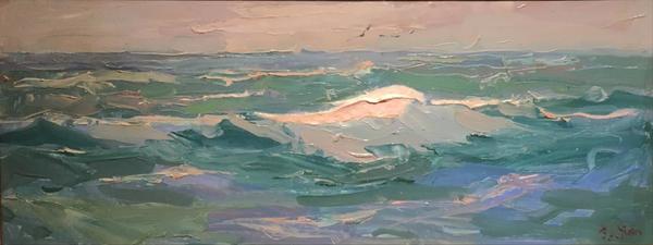 S.C. Yuan - "Waves and Seagulls" - Oil on board - 8" x 20" - Signed lower right