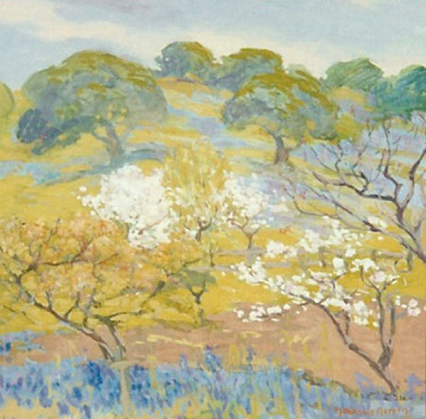 Mary DeNeale Morgan - "Carmel Valley Orchard" - Gouache - 18" x 18"
