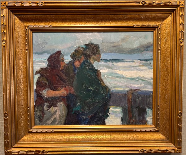 Hansen is a story teller. In this dramatic scene he portrays three women - wives waiting on the pier - anxiously watching the rough waters for a sign of a fishing boat and wanting their husbands to come home safely.