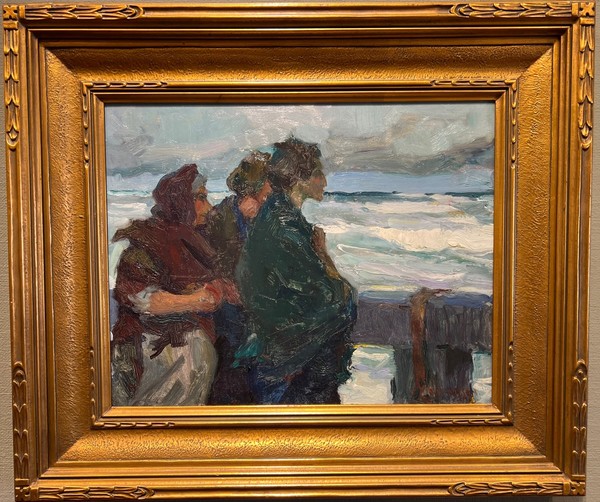 Armin C. Hansen, N.A. - "Three Wives" Hansen is a story teller. In this dramatic scene he portrays three women - wives waiting on the pier - anxiously watching the rough waters for a sign of a fishing boat and wanting their husbands to come home safely.