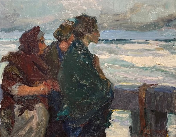 Hansen is a story teller. In this dramatic scene he portrays three women - wives waiting on the pier - anxiously watching the rough waters for a sign of a fishing boat and wanting their husbands to come home safely.