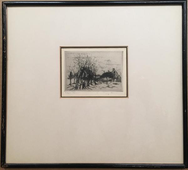 Depicts a seemingly cold winter day. Barren trees line up - the trunks obscuring most of the barn in the background on the left side of the etching and drypoint and the farm house on the right.