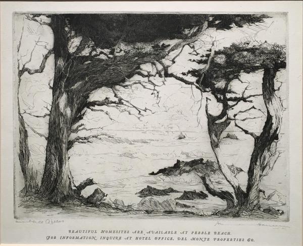 Hansen focused on the beautiful coast, with attention accorded to the wind-sculpted Monterey cypress trees clinging to rocky shores…one on the left and one on the right creating a window to the rocky  coastline and out to the ocean beyond. This etching wa