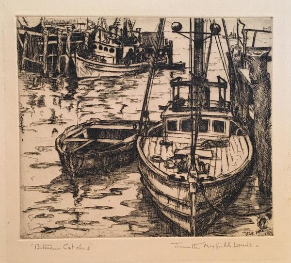 This is an etching by the artist. In the foreground is the undulating, shadowed water of Montery Bay where two unoccupied fishing boats  tied to the pier dominate. In the background is another fishing boat tied to the pier - while the fishemen empty their