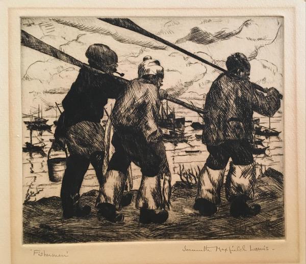 Jeannette Maxfield Lewis - "Fishermen" Jeannette Maxfield Lewis - "Fishermen" - Drypoint - 5 7/8" x 6 7/8" - Plate: Signed and dated upper left
<br>Titled in pencil lower left
<br>Signed in pencil lower right
<br>Edition: 51
<br>
<br>Provenance:
<br>Exhibition Catalogue: 'Jeannette Maxfield Lewis: A Centennial Celebration' MPMA/1994. #63 in Catalogue Raisonne: The Complete Etchings by Anthony R. White
<br>
<br>
<br>Lewis attended the CSFA in San Francisco where she was greatly influenced by Gottardo Piazzoni. She studied with Hans Hofmann in NYC; and locally with Armin Hansen.
<br>
<br>Jeannette Maxfield Lewis began experimenting with printmaking under Armin Hansen in 1931, first with small drypoints, later moving into etching. She and her husband soon began a collaborative effort in the production of her prints; under the initial supervision of Hansen, Mr. Lewis became Jeannette's printer and chief critic. Working on-site continued to be an integral part of creating the etching or drypoint and Lewis' reputation in this medium grew rapidly.