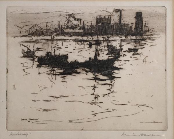 Armin C. Hansen, N.A. - "Anchorage" - Etching - 5" x 6 3/8" - Plate: Signed and dated, lower left: Armin Hansen '21
<br>Titled in pencil lower left
<br>Signed in pencil lower right
<br>
<br>Illustrated: 'The Graphic Art of Armin C. Hansen, A Catalogue Raisonne' by Anthony  R. White/1986. Plate 37,  page 49.