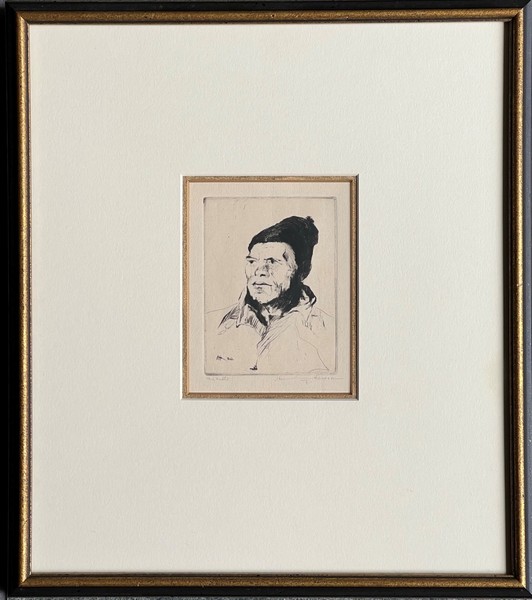 Armin C. Hansen, N.A. - "The Mate" Armin C. Hansen, N.A. - "The Mate" - Drypoint - 4" x 3" - Plate: Initialed and dated, lower left: A H '30
<br>Titled in pencil lower left
<br>Signed in pencil lower right
<br>
<br>Gallery labels on reverse:
<br>Maxwell Galleries, SF; Laky Gallery, Carmel, California
<br>
<br>Illustrated: 'The Graphic Art of Armin C. Hansen, A Catalogue Raisonne' by Anthony R. White/1986. Plate 120, page 133.
<br>
<br>Hansen focused on the Monterey fishing industry. His depictions of the fishermen brought not only a visibility to their livelihood, but elevated them as worthy of artistic expression.