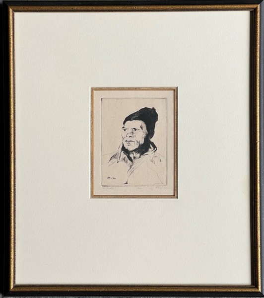 Armin C. Hansen, N.A. - "The Mate" - Drypoint - 4" x 3" - Plate: Initialed and dated, lower left: A H '30
<br>Titled in pencil lower left
<br>Signed in pencil lower right
<br>
<br>Gallery labels on reverse:
<br>Maxwell Galleries, SF; Laky Gallery, Carmel, California
<br>
<br>Illustrated: 'The Graphic Art of Armin C. Hansen, A Catalogue Raisonne' by Anthony  R. White/1986. Plate 120, page 133.
<br>
<br>Hansen focused on the Monterey fishing industry. His depictions of the fishermen brought not only a visibility to their livelihood, but elevated them as worthy of artistic expression.