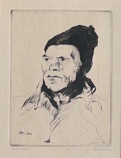 Armin C. Hansen, N.A. - "The Mate" - Drypoint - 4" x 3" - Plate: Initialed and dated, lower left: A H '30<br>Titled in pencil lower left<br>Signed in pencil lower right<br><br>Gallery labels on reverse:<br>Maxwell Galleries, SF; Laky Gallery, Carmel, California<br><br>Illustrated: 'The Graphic Art of Armin C. Hansen, A Catalogue Raisonne' by Anthony  R. White/1986. Plate 120, page 133.<br><br>Hansen focused on the Monterey fishing industry. His depictions of the fishermen brought not only a visibility to their livelihood, but elevated them as worthy of artistic expression.