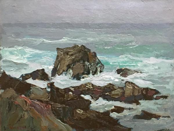 S.C. Yuan - "Seascape" - Oil on canvasboard - 12" x 16" - Signed lower left<br><br>Yuan settled on the Monterey Peninsula in 1952 where he met, befriended and was influenced by artist Armin Hansen. <br><br>During his lifetime he was honored with several one-man shows in San Francisco, Boston, and New York, where he showed his traditional as well as his more abstract works. Whenever he entered his paintings in juried shows, he won prizes and top honors.  With profound dedication and discipline he created a legacy of paintings rich in beauty and tranquility.