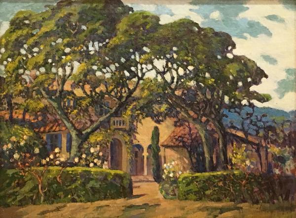 Mary DeNeale Morgan - "The F.A. Wickett Home" - Palo Alto - Oil on canvas - 24" x 32 1/2" - Signed lower right<br>Frame: Richard Tobey Los Angeles<br><br>1600 Bryant Street, Palo Alto…<br><br>Accompanying this painting is a handwritten letter by Morgan to ‘My dear Mrs. Wickett’ with the details on when she plans to make the trip to paint the Wickett home.<br><br>This home was built in 1923 for Frederick A. Wickett, Vice–President of New York Life Insurance, and City Councilman. It was the Wickett family home until Mr. Wickett's death in 1970. The architect was Albert Farr and the Minton Company was the builder. It remains as a Category 3 on the Historic Buildings Inventory.