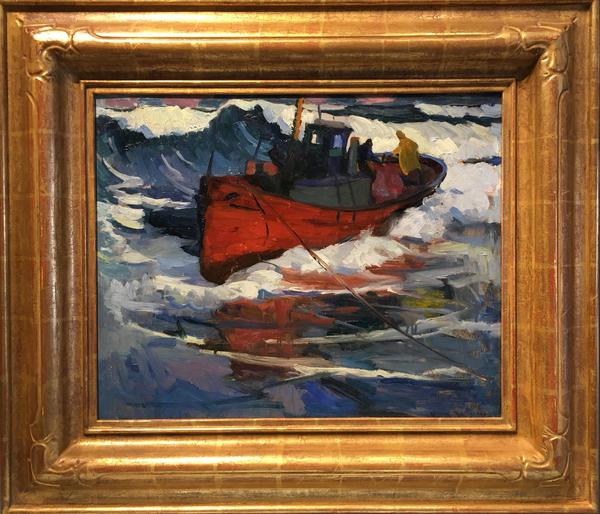Armin C. Hansen, N.A. - "Stranded" - Oil on board - 16" x 20" - Signed lower right
<br>Titled and signed on reverse
<br>
<br>Hansen painted several versions of 'Stranded' throughout his career. This particular painting represents one of his earliest and finest efforts with deep saturated colors along with the drama of a theme he could so brilliantly portray.
