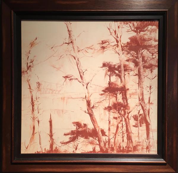 Armin C. Hansen, N.A. - "Pine Trees" - Monterey Armin C. Hansen, N.A. - "Pine Trees" - Monterey - Conte Crayon on paper - 19 1/2" x 19 1/2" - Signed lower right
<br>
<br>"Before Hansen, when artists painted Monterey scenes with workers, they most often depicted them in connection with the historic Carmel Mission or quietly performing agricultural chores in peaceful harmony with the land, evincing the lingering influence of the French Barbizon style that Tavernier introduced in the mid-1870s. Such paintings were popular because they were soothing and restful, offering an oasis of tranquility and escape. These evolved into pure landscapes focusing on the beautiful coast, with attention accorded to the wind-sculpted Monterey cypress trees clinging to rocky shores.
<br>
<br>Hansen, who saw himself as part of a new generation, painted pure landscapes infrequently and believed the indigenous and emblematic cypress to be overused. When he did depict the cypress or pine, he tended to organize the trees into abstractly patterned groups rather than depict them as single, arboreal curiosities, which by then had become ubiquitous on postcards and paintings made for tourists.”
<br>
<br>Source: Armin Hansen: The Artful Voyage/2015, Scott A. Shields, PhD. Page 24.