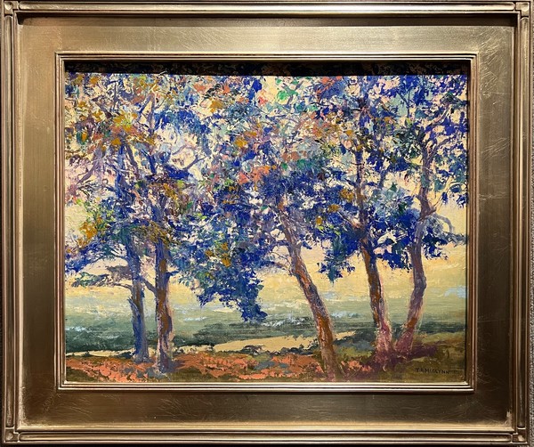 Thomas A. McGlynn - "Wood Indigo" - Oil on board - 16" x 20" - Signed lower right<br>Signed and titled on reverse<br>Directly from the estate of Thomas A. McGlynn<br><br>"Wood Indigo" is painted in a much more colorful palette closer to post impressionism and dates from the mid to latter 1930s. The technique incorporates both palette knife and brushwork - very skillfully rendered. There are a lot of nuances in color and texture that can only be appreciated in person.