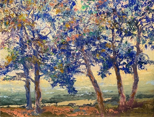 Thomas A. McGlynn - "Wood Indigo" - Oil on board - 16" x 20" - Signed lower right<br>Signed and titled on reverse<br>Directly from the estate of Thomas A. McGlynn<br><br>"Wood Indigo" is painted in a much more colorful palette closer to post impressionism and dates from the mid to latter 1930s. The technique incorporates both palette knife and brushwork - very skillfully rendered. There are a lot of nuances in color and texture that can only be appreciated in person.