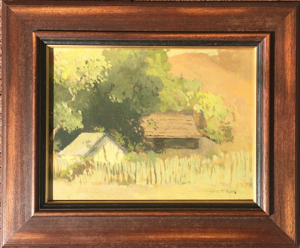 Thomas A. McGlynn - "Wendy's House" - Oil on panel - 8 1/4" x 11" - Exhibition label on reverse
<br>Directly from the estate of Thomas A. McGlynn
<br>
<br>In the hills of Duncan Mills along the Russian River...
<br>
<br>"Wendy's House" was painted and exhibited during the years that McGlynn worked for Arthur Mathews in San Francisco. 
<br>
<br>McGlynn’s initial training began in 1899 where he entered the Mark Hopkins Art Institute- California School of Design in San Francisco, graduating in the same class as his close friend, Armin Hansen.
<br> 
<br>At that school Arthur Mathews became his mentor and later appointed him chief designer for Mathews' Furniture Shop from 1906-18.