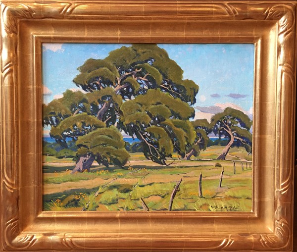 Arthur Hill Gilbert, A.N.A. - "Friendly Oaks" - Oil on canvas - 16" x 20" - Signed lower right
<br>Titled on reverse
<br>
<br>As a member of the prestigious "Big Four", Gilbert exhibited often with fellow resident academicians: Armin Hansen, William Ritschel, and Paul Dougherty.