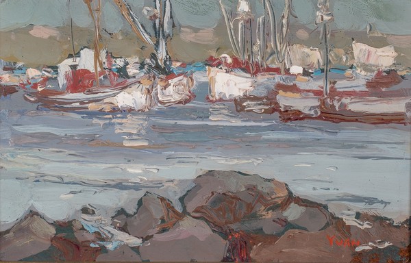 S.C. Yuan - "Boats - Monterey Bay" S.C. Yuan - "Boats - Monterey Bay" - Oil on masonite - 5 3/4" x 9" - Signed lower right
<br>
<br>The rarest of gems come in all sizes, shapes and colors!
<br>
<br>Yuan settled on the Monterey Peninsula in 1952 where he met, befriended and was influenced by artist Armin C. Hansen.
<br>
<br>During his lifetime he was honored with several one-man shows in San Francisco, Boston, and New York, where he showed his traditional as well as his more abstract works. Whenever he entered his paintings in juried shows, he won prizes and top honors. With profound dedication and discipline he created a legacy of paintings rich in beauty and tranquility.