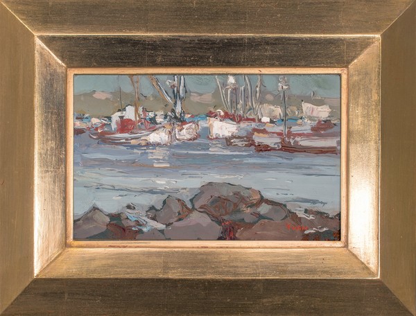 S.C. Yuan - "Boats - Monterey Bay" S.C. Yuan - "Boats - Monterey Bay" - Oil on masonite - 5 3/4" x 9" - Signed lower right
<br>
<br>The rarest of gems come in all sizes, shapes and colors!
<br>
<br>Yuan settled on the Monterey Peninsula in 1952 where he met, befriended and was influenced by artist Armin C. Hansen.
<br>
<br>During his lifetime he was honored with several one-man shows in San Francisco, Boston, and New York, where he showed his traditional as well as his more abstract works. Whenever he entered his paintings in juried shows, he won prizes and top honors. With profound dedication and discipline he created a legacy of paintings rich in beauty and tranquility.
