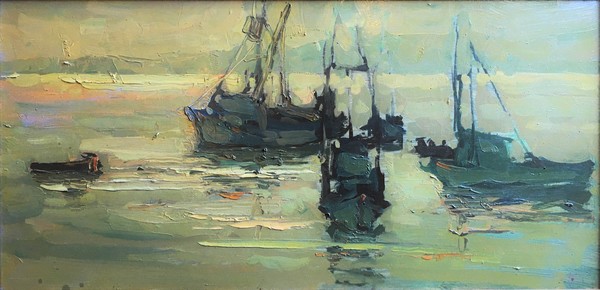 S.C. Yuan - "Fishing Fleet" - Monterey Bay - Oil on masonite - 12" x 24" - Signed lower right
<br>Titled on reverse