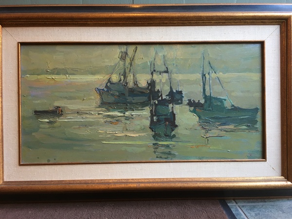 S.C. Yuan - "Fishing Fleet" - Monterey Bay - Oil on masonite - 12" x 24" - Signed lower right
<br>Titled on reverse
