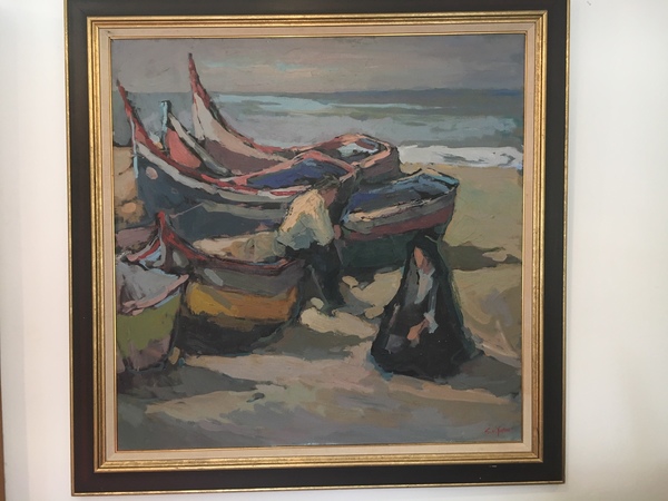 S.C. Yuan - "Nazare" - Oil on canvas - 35 1/2" x 35 1/2" - Signed lower right
<br>Titled on reverse
<br>
<br>Note: 
<br>Nazare, named after the Biblical “Nazareth” in the 4th century, is Portugal’s most famous fishing village, now becoming important as well in the world of big wave, tow-in surfing. The tallest wave ever recorded being surfed – by a Hawaiian big-wave surfer – was off Nazare.