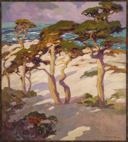 Mary DeNeale Morgan - "Late Afternoon, Monterey Coast" - Oil on canvas - 39" x 35" - Signed lower right
<br>Signed and titled on reverse stretcher
<br>Titled on reverse canvas
<br>
<br>
<br>This significant painting was first exhibited in 1931 at the Paul Elder Gallery (SF) in a solo show of Morgan's artwork. In October it was exhibited at the Haggin Museum (Stockton); and three exhibitions at the Carmel Art Association between 1937-1938. Afterwards, Morgan enjoyed living with "Late Afternoon," a favorite canvas of hers, and one for which she had received such special mention.