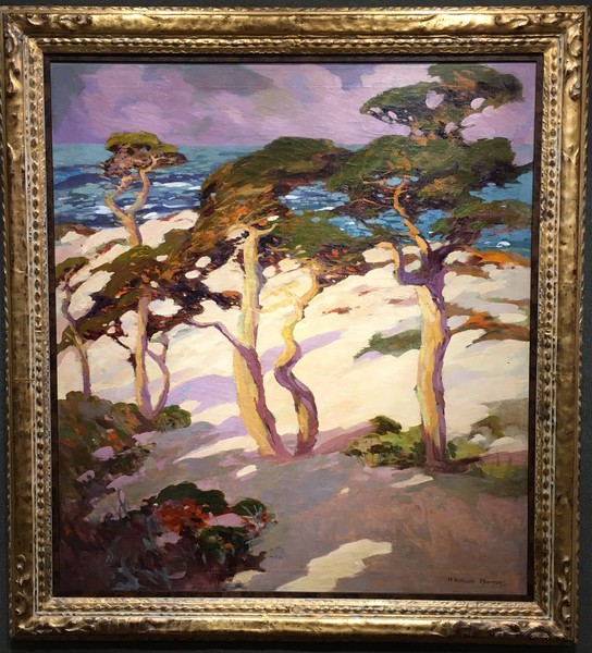 Mary DeNeale Morgan - "Late Afternoon, Monterey Coast" - Oil on canvas - 39" x 35" - Signed lower right
<br>Signed and titled on reverse stretcher
<br>Titled on reverse canvas
<br>
<br>
<br>This significant painting was first exhibited in 1931 at the Paul Elder Gallery (SF) in a solo show of Morgan's artwork. In October it was exhibited at the Haggin Museum (Stockton); and three exhibitions at the Carmel Art Association between 1937-1938. Afterwards, Morgan enjoyed living with "Late Afternoon," a favorite canvas of hers, and one for which she had received such special mention.