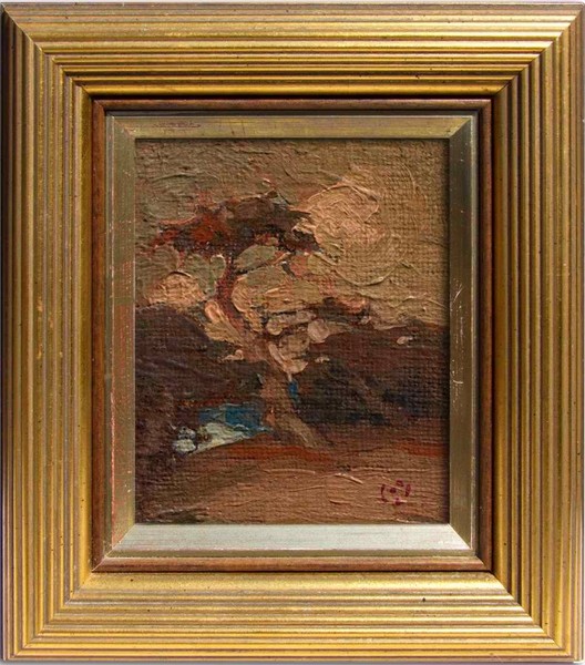 Lester Boronda - "Monterey Cypress" - Oil on board - 5" x 4" - Monogram lower right
<br>
<br>Ex-Collection of Mrs. Betty Hoag Lochrie McGlynn, California art historian and late daughter-in-law of early California artist, Thomas A. McGlynn.