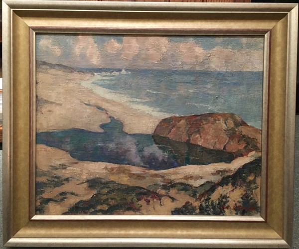 Lester Boronda - "Mouth of the Little Sur River" - Oil on canvas - 16" x 20" - Signed lower right
<br>
<br>Ex-Collection of Mrs. Betty Hoag Lochrie McGlynn - California art historian and late daughter-in-law of early California artist, Thomas A. McGlynn. 
<br>
<br>Exhibitions labels on reverse:
<br>
<br>Exhibited: Monterey Peninsula Museum of Art/'Monterey: The Artists' View, 1925-1945'/1982; Carmel Art Association/'60th Anniversary Show' 1927-1987