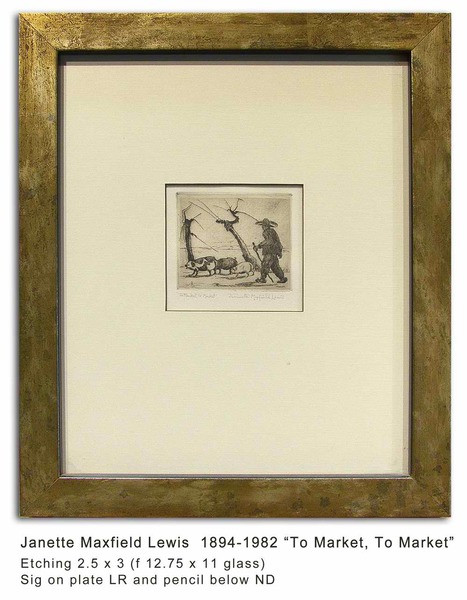 Jeannette Maxfield Lewis - "To Market, To Market" Jeannette Maxfield Lewis - "To Market, To Market" - Etching - 2 1/2" x 3" - Plate: Signed lower right
<br>Titled in pencil lower left
<br>Signed in pencil lower right
<br>
<br>Exhibition Catalogue: 'Jeannette Maxfield Lewis: A Centennial Celebration' MPMA/1994. #188 in Catalogue Raisonne: The Complete Etchings by Anthony R. White