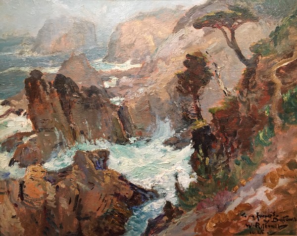 William Ritschel, N.A. - "Rocky Coast at Carmel Highlands" - Oil on board - 16" x 20" - PROVENANCE:
<br>When Salmon Fletcher Dutton was born on 17 November 1908, in Philippines, his father, Salmon Fletcher Dutton, was 38 and his mother, Laura May Chase, was 27. He married Sallie Kinsman on 15 January 1935, in Orange, California, United States. He lived in San Francisco, California, United States in 1920 and Oakland Judicial Township, Alameda, California, United States in 1940. He died on 8 May 1986, in Monterey, California, United States, at the age of 77.
<br>
<br>Present owner by inheritance from his mother who was the third wife of Fletcher Dutton.
<br>Originally owned by Fletcher and Sallie Dutton who were friends of William Ritschel.
<br>
<br>
<br>
<br>
<br>
<br>BIOGRAPHY:
<br>
<br>WILLIAM RITSCHEL, N.A. (1864-1949)
<br>
<br>Ritschel’s superb interpretations of the California coast earned him the title of Dean of American Marine Painters. “Few marine painters know the sea as Ritschel does…when he paints a fine marine you feel in it the beauty and the danger, the cruel, barren ocean-love which will not
<br>release the enthralled painter.” (Antony Anderson)
<br>	
<br>He was a master of any mood – the violence of a storm-tossed surf, the reverent beauty of a Pacific sunset, the ethereal-like feeling of a moonlit lagoon in the South Seas. 
<br>	
<br>Ritschel was born in Nuremberg, Bavaria.  In his youth he spent several years as a sailor before entering the Royal Academy in Munich. His talent as an artist combined with his love of the sea resulted in marine painting being the primary focus of his work. 
<br>
<br>He immigrated to the United States, settling in New York City. Within a few years he was exhibiting and winning awards alongside well-known Eastern artists including Paul Dougherty, Ernest Lawson, Childe Hassam, Edward Redfield, Willard Metcalf, and J. Alden Weir. He became a member of the Salmagundi Club in 1901 and was also a member of the New York Water Color Club and the American Watercolor Society. In 1910 he was elected an Associate Member of the National Academy of Design (ANA). In 1913 he received that Academy’s Carnegie Prize and following year received the gold medal and was elected a National Academician (NA). 
<br>	
<br>Around 1909 Ritschel and his wife, Zora, moved to California and by 1911 became regular spring-summer residents of Carmel first renting a studio/home in the Carmel Highlands from J.F. Devendorf and Frank Powers through the Carmel Development Company.  He exhibited at the S.F. Art Institute in 1911.  In 1914 the New York Times called him ‘one of the strongest painters of the country’ and included him among the “notable” artists of Carmel. He won a gold medal at the P.P.I.E., 1915, and at the California State Fair in 1916.  Outside of Carmel the private art gallery in the Hotel Del Monte was his most prominent venue on the Monterey Peninsula between 1916 and 1934.
<br>
<br>In 1921 he moved into the unique, castle-like, stone studio-home he had built high on a bluff overlooking the ocean in Carmel Highlands. He called it ‘Castel a Mare’. From his “Castel a Mare” Ritschel said that "He watched the sea…until he made himself master of a marine color-magic…"