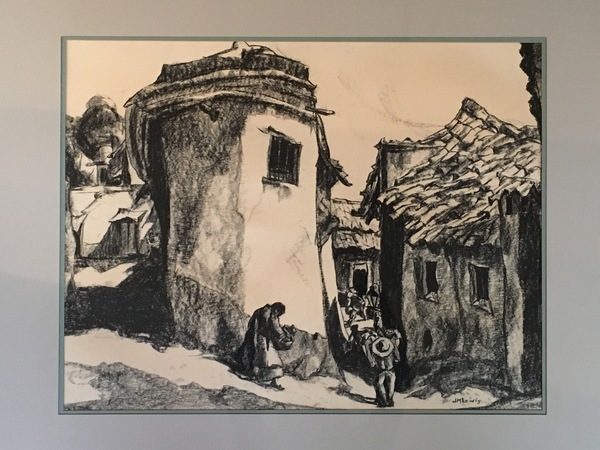 Jeannette Maxfield Lewis - "Village Scene in Old Mexico" - Conte Crayon on paper - 18 3/4" x 24 1/2" sight size - Signed lower right
<br>
<br>Provenance:
<br>As relayed by the previous owner...
<br>"Jeannette Maxfield Lewis was my father's aunt. She lived a few blocks from him in Fresno. This conte crayon was a wedding gift to my parents and has remained in the possession of the family until sold to Trotter Galleries".
<br>
<br>A 1947-1948 trip to Mexico inspired prolific drawings, etchings, and paintings which were later shown in exhibitions both in Mexico and in California.