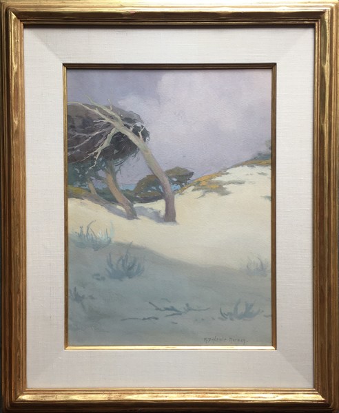Mary DeNeale Morgan - "Wind Swept Pines" - Moss Beach Dunes Mary DeNeale Morgan - "Wind Swept Pines" - Moss Beach Dunes - Watercolor and gouache - 18 3/4" x 13 3/4" - Signed lower right
<br>Titled on reverse
<br>
<br>In 1928 Scribner's Magazine named her as -one of the nation's foremost women artists.
<br>
<br>Morgan was born in San Francisco. From 1886-1890 and again in 1892, Morgan attended the California School of Design in San Francisco, where she studied with Virgil Williams, Amédée Joullin, Arthur Mathews and others. In 1896 she opened a studio in Oakland and, for a brief time, taught art at Oakland High School.
<br>
<br>In 1909 she settled in Carmel where she bought the studio-home of Sydney Yard located on Lincoln near Seventh. She was a pupil in Wm M. Chase's summer classes there in 1914, director of the Carmel School of Art (1917-25), and a founder of the Carmel Art Association,
<br>
<br>Morgan died in Carmel leaving a great legacy to California art as a teacher, organizer, and painter. Working in pastel, tempera, oil, and watercolor, she painted sand dunes, wharf scenes, adobes, landscapes, and the wind-swept cypresses of the Monterey Peninsula.