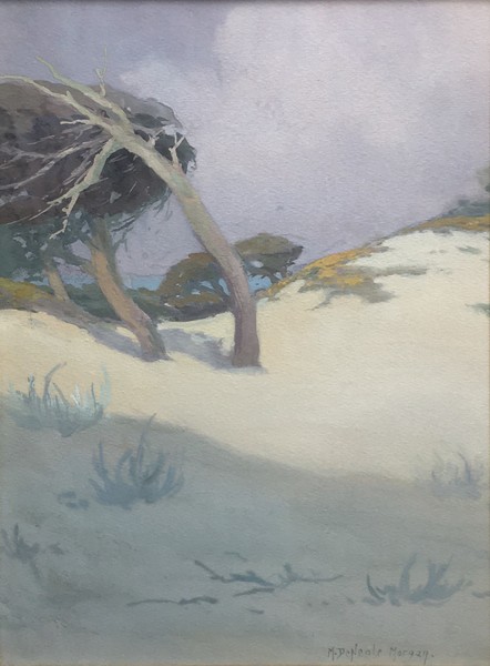 Mary DeNeale Morgan - "Wind Swept Pines" - Moss Beach Dunes - Watercolor and gouache - 18 3/4" x 13 3/4" - Signed lower right
<br>Titled on reverse
<br>
<br>In 1928 Scribner's Magazine named her as -one of the nation's foremost women artists.
<br>
<br>Morgan was born in San Francisco. From 1886-1890 and again in 1892, Morgan attended the California School of Design in San Francisco, where she studied with Virgil Williams, Amédée Joullin, Arthur Mathews and others. In 1896 she opened a studio in Oakland and, for a brief time, taught art at Oakland High School. 
<br>
<br>In 1909 she settled in Carmel where she bought the studio-home of Sydney Yard located on Lincoln near Seventh. She was a pupil in Wm M. Chase's summer classes there in 1914, director of the Carmel School of Art (1917-25), and a founder of the Carmel Art Association, 
<br>
<br>Morgan died in Carmel leaving a great legacy to California art as a teacher, organizer, and painter. Working in pastel, tempera, oil, and watercolor, she painted sand dunes, wharf scenes, adobes, landscapes, and the wind-swept cypresses of the Monterey Peninsula.